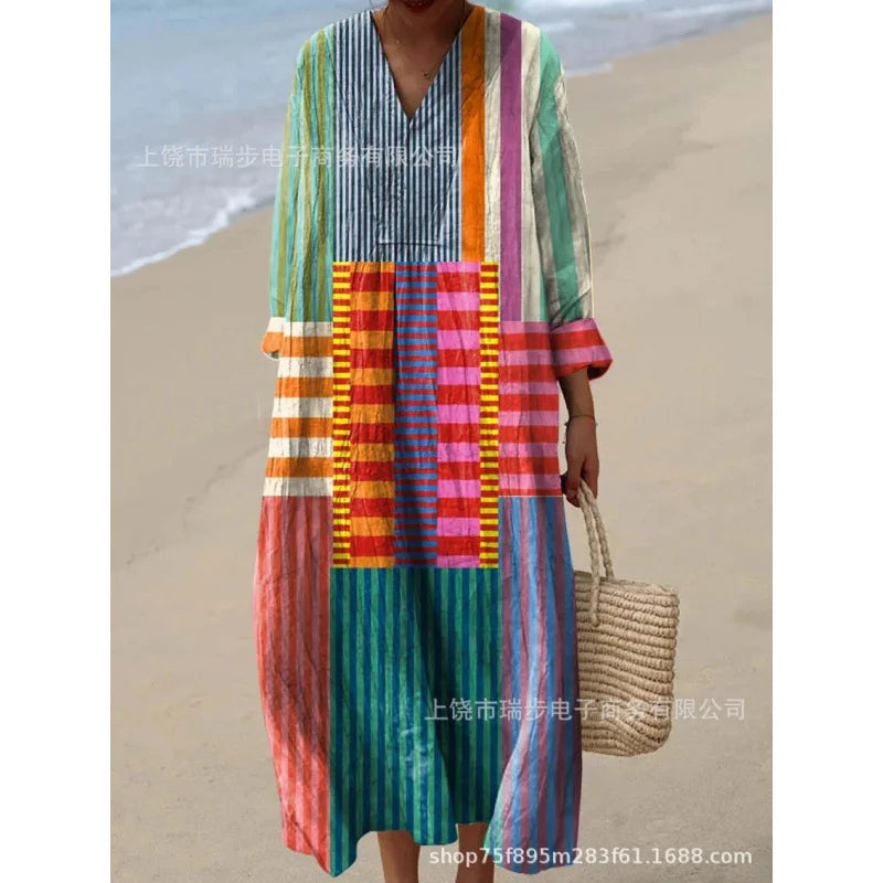 Robe Longue à Manches Longues pour Femme en V-Cou à Blocs de Couleurs 26