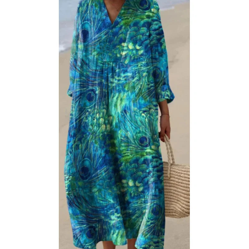 Robe Longue à Manches Longues pour Femme en V-Cou à Blocs de Couleurs 27