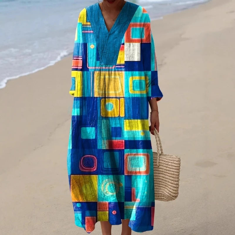 Robe Longue à Manches Longues pour Femme en V-Cou à Blocs de Couleurs 3