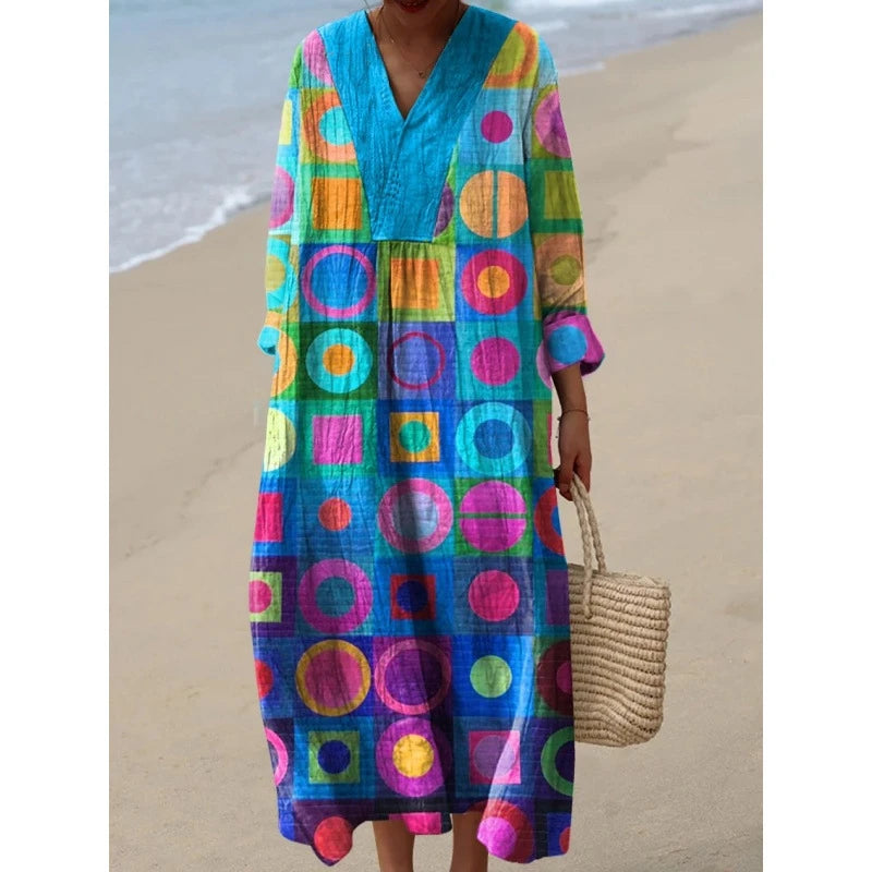 Robe Longue à Manches Longues pour Femme en V-Cou à Blocs de Couleurs 5