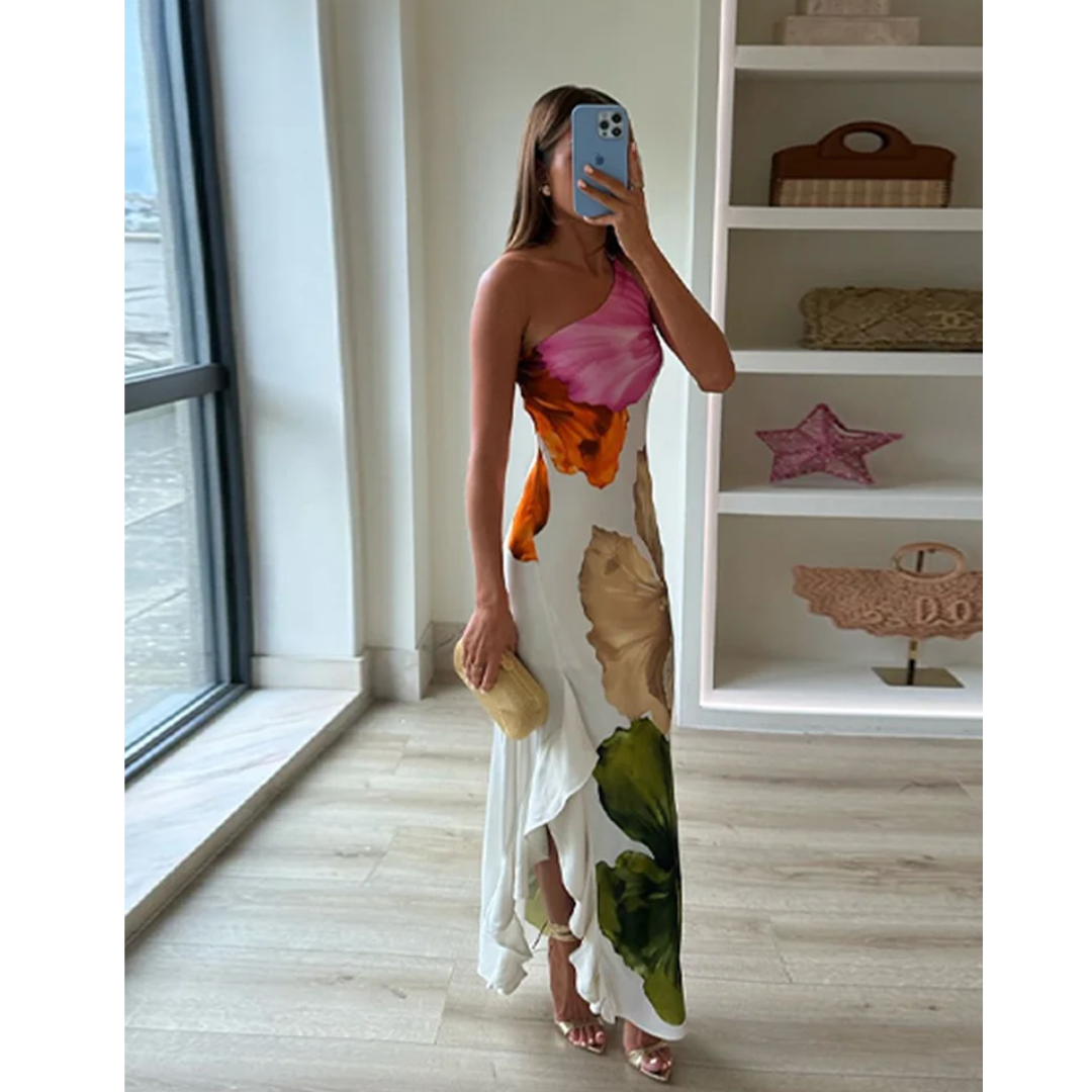 Robe Longue à Une Épaule Fleurie pour Femmes 3