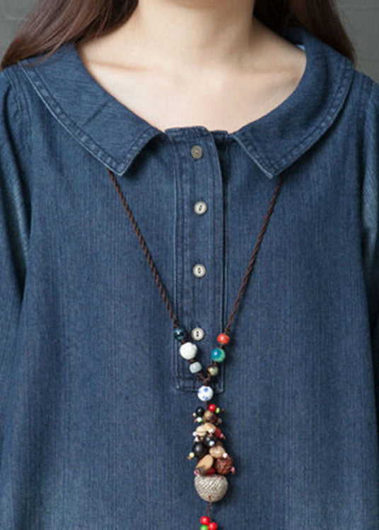 Robe Longue en Denim à Manches Longues avec Col Peter Pan pour Femme 4