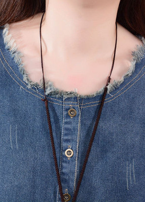 Robe Longue en Jean à Col Rond pour Femme avec Poches 3