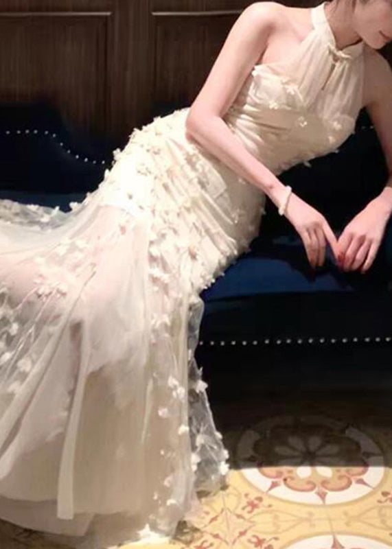 Robe Maxi Col Montant Abricot Style Chinois 4