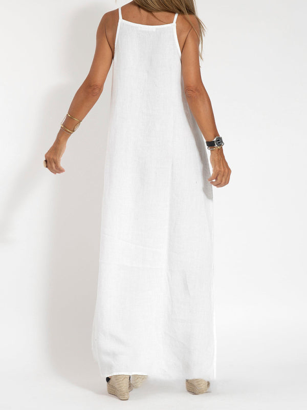 Robe Maxi Femme Décolleté Halter Mélange Coton Lin 8