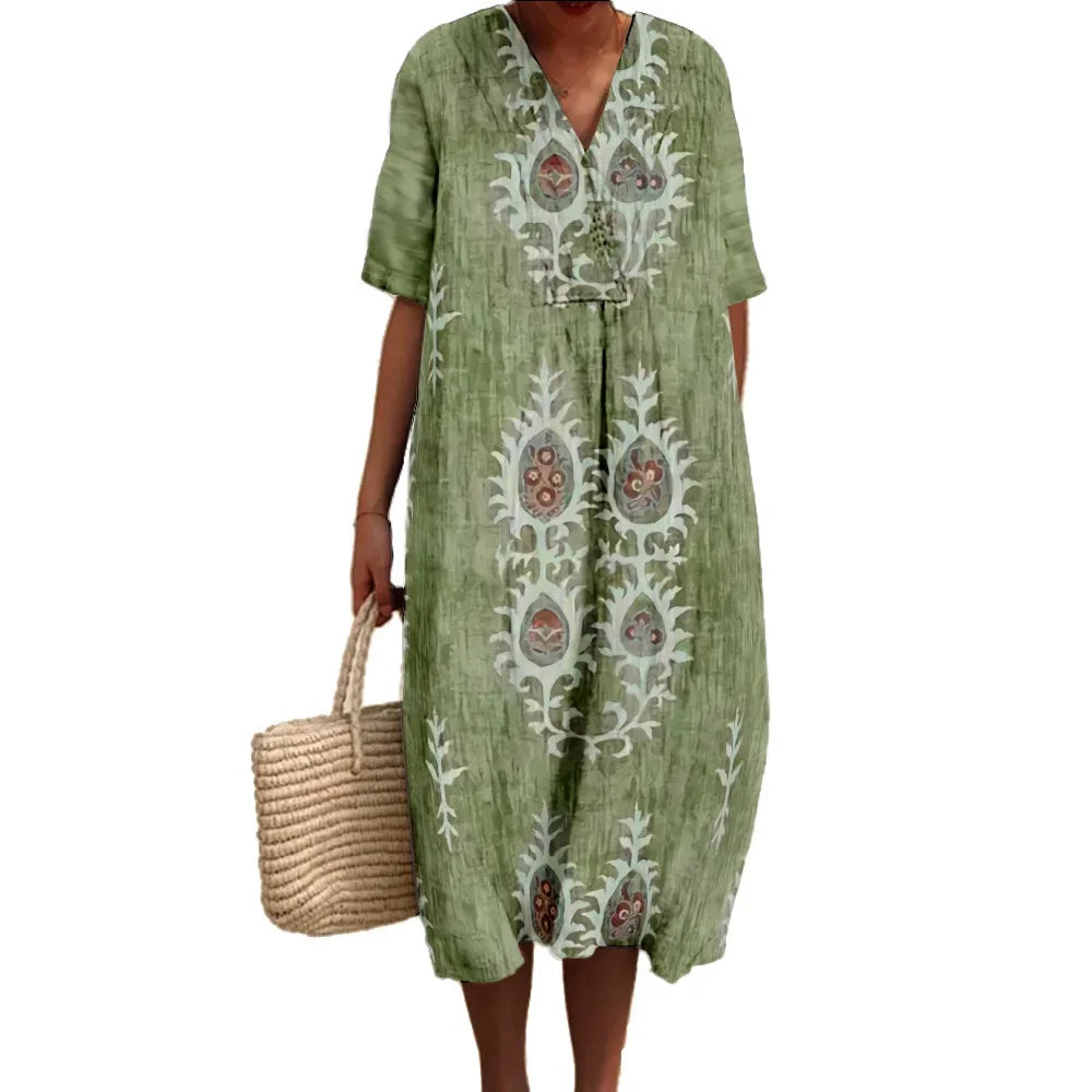 Robe Maxi Femme Imprimé Numérique V Col Manches Courtes 3