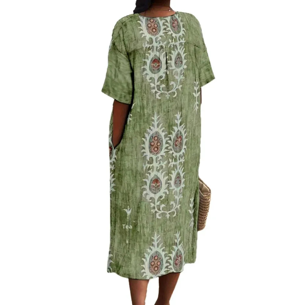 Robe Maxi Femme Imprimé Numérique V Col Manches Courtes 4