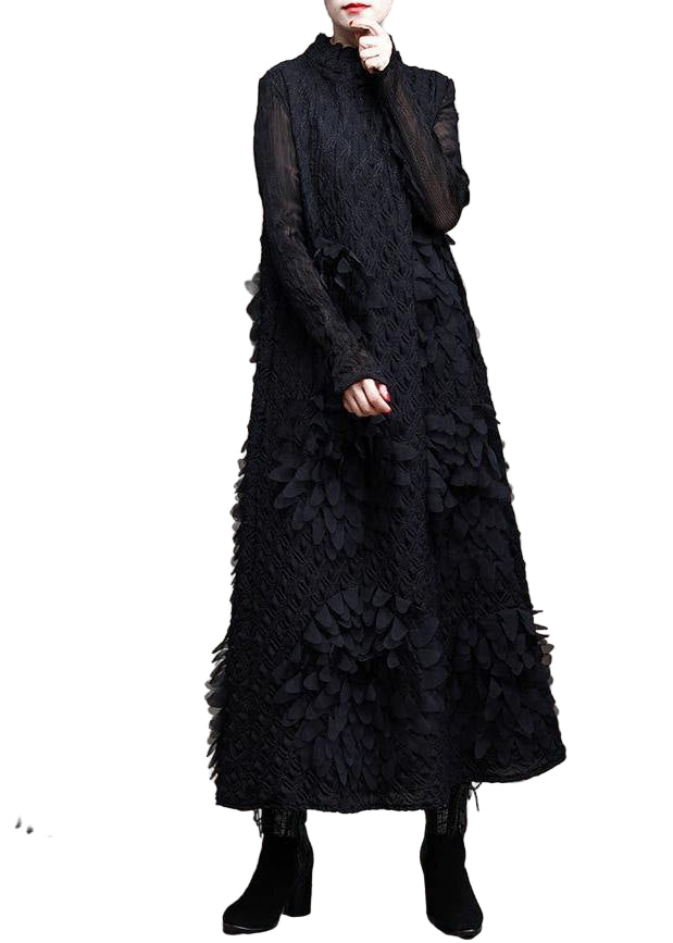 Robe Maxi Femme à Col Montant avec Décoration en Trois Dimensions 0