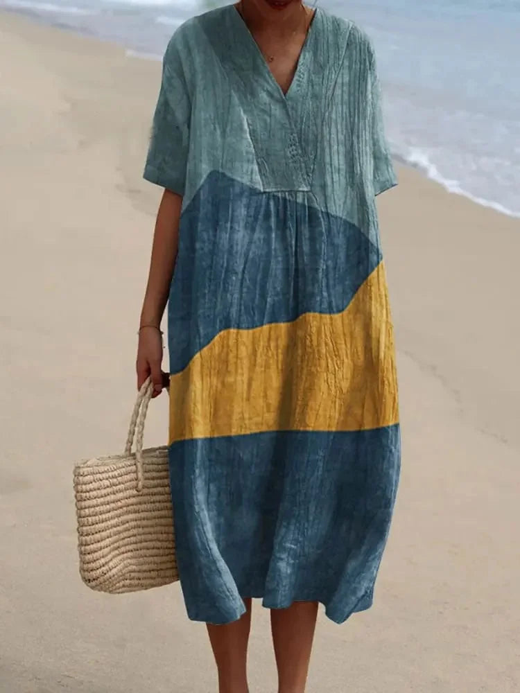 Robe Maxi Femme à Manches Courtes en Polyester à Rayures 5