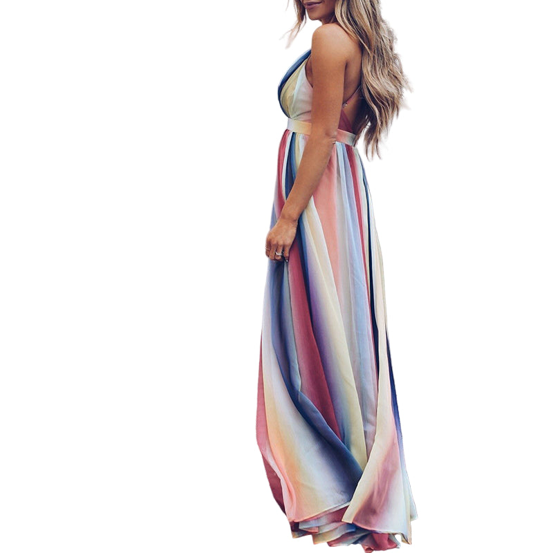 Robe Maxi Femme à Rayures Multicolores avec Décolleté en V 0