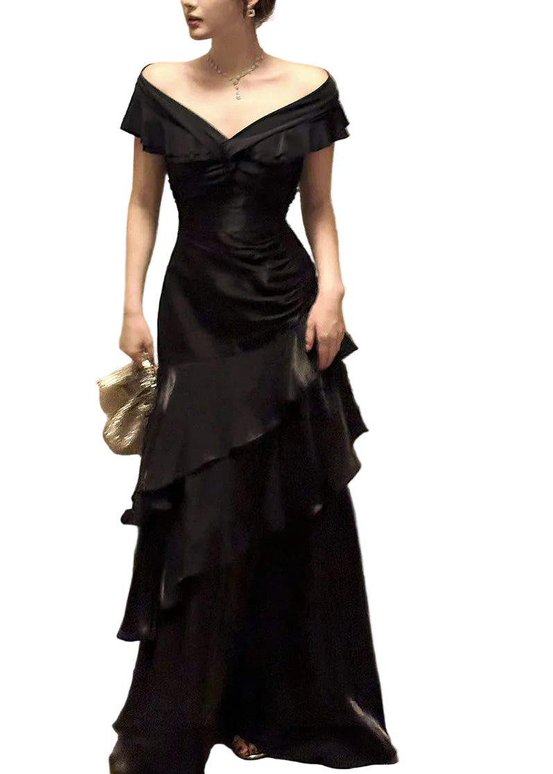 Robe Maxi à Volants Noir avec Col Oblique 0