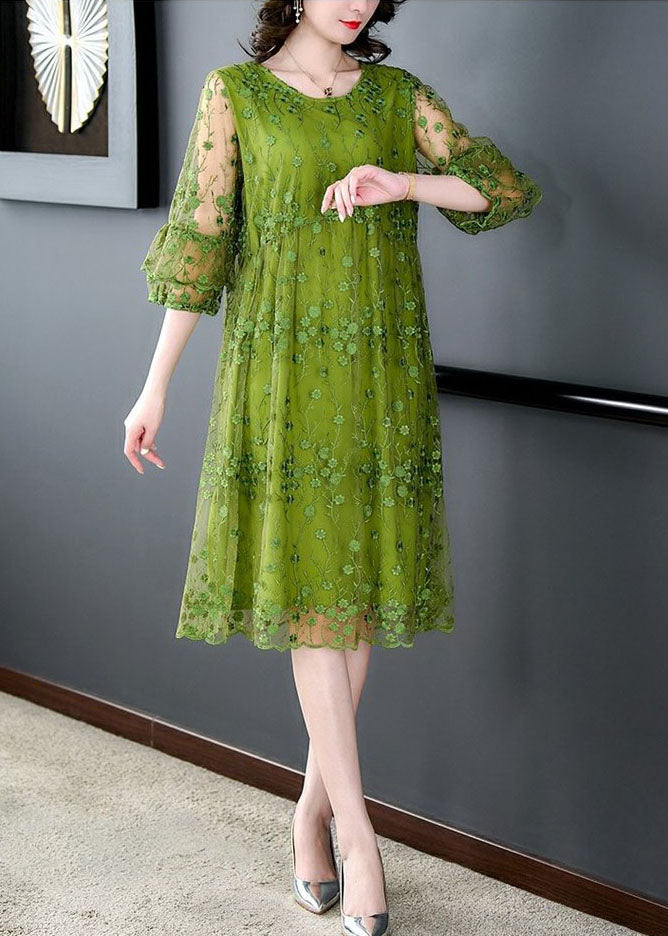 Robe Mi-Longue Femme Tulle Brodée Vert 2