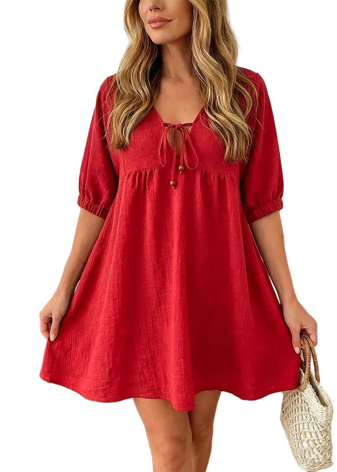Robe Mi-Longue Femme à Col V Froissée Demi-Manches 0