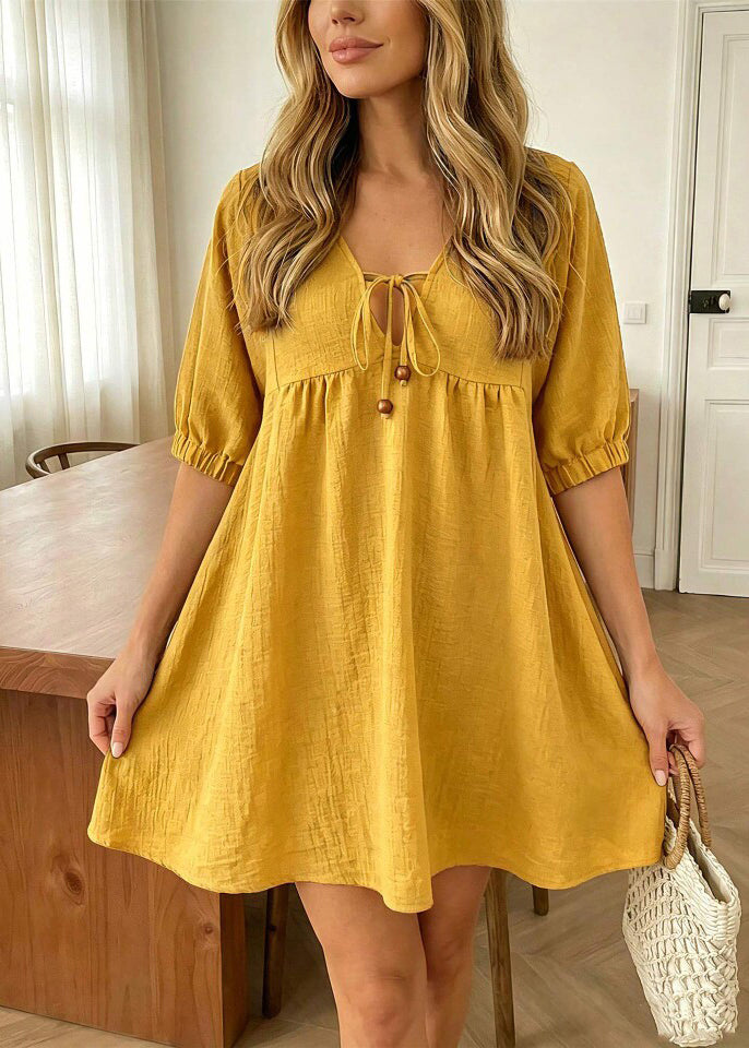 Robe Mi-Longue Femme à Col V Froissée Demi-Manches 1