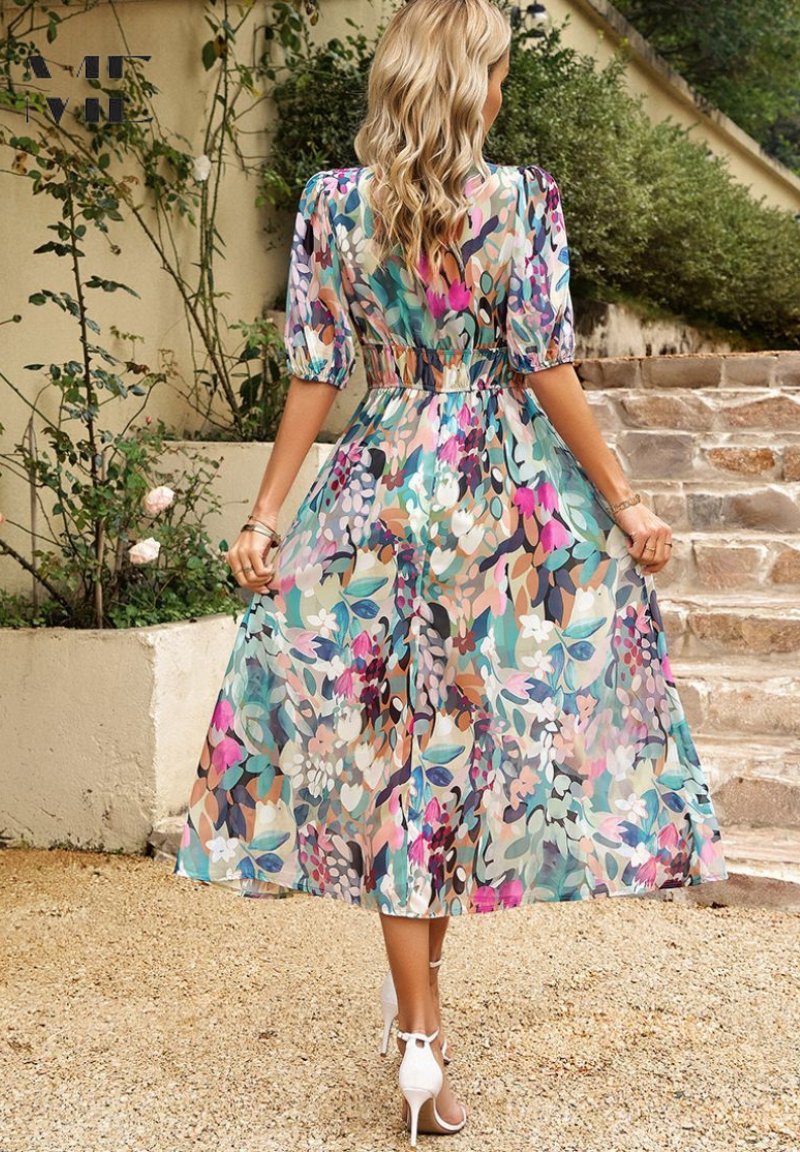 Robe Midi Ceinturée Imprimée Abstraite pour Femme 2