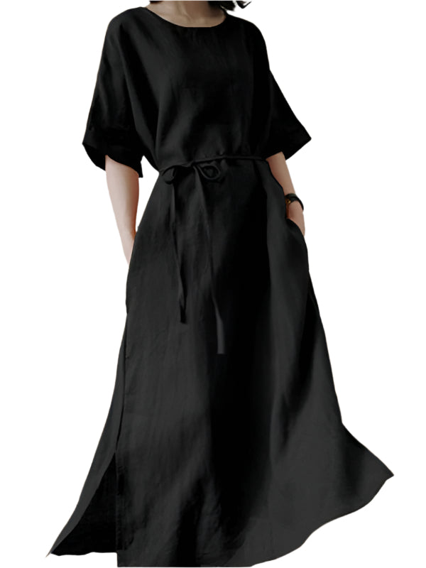 Robe Midi Décontractée Ceinturée avec Fente Latérale pour Femme 0