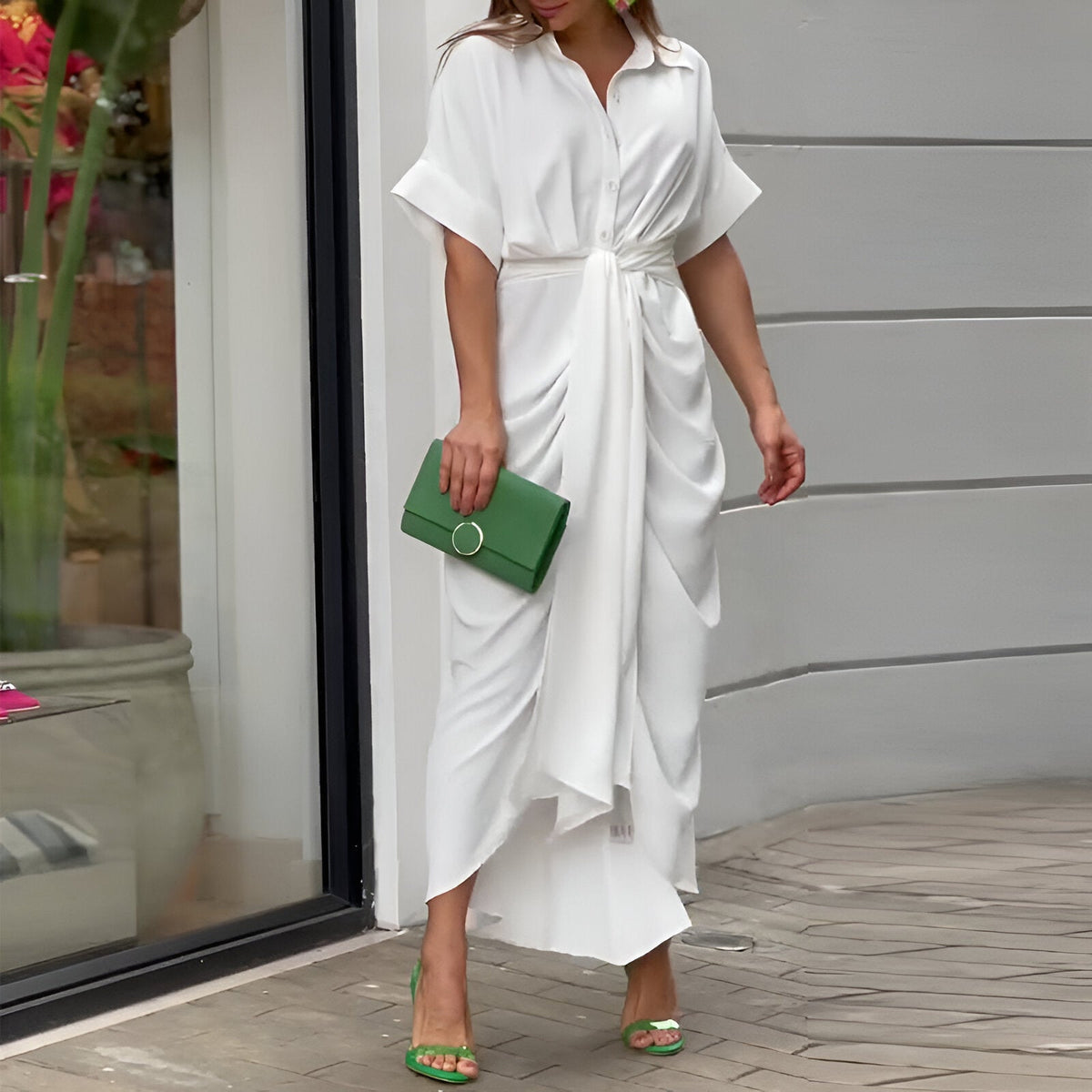 Robe Midi Femme Ceinturée Chic avec Décolleté en V 1