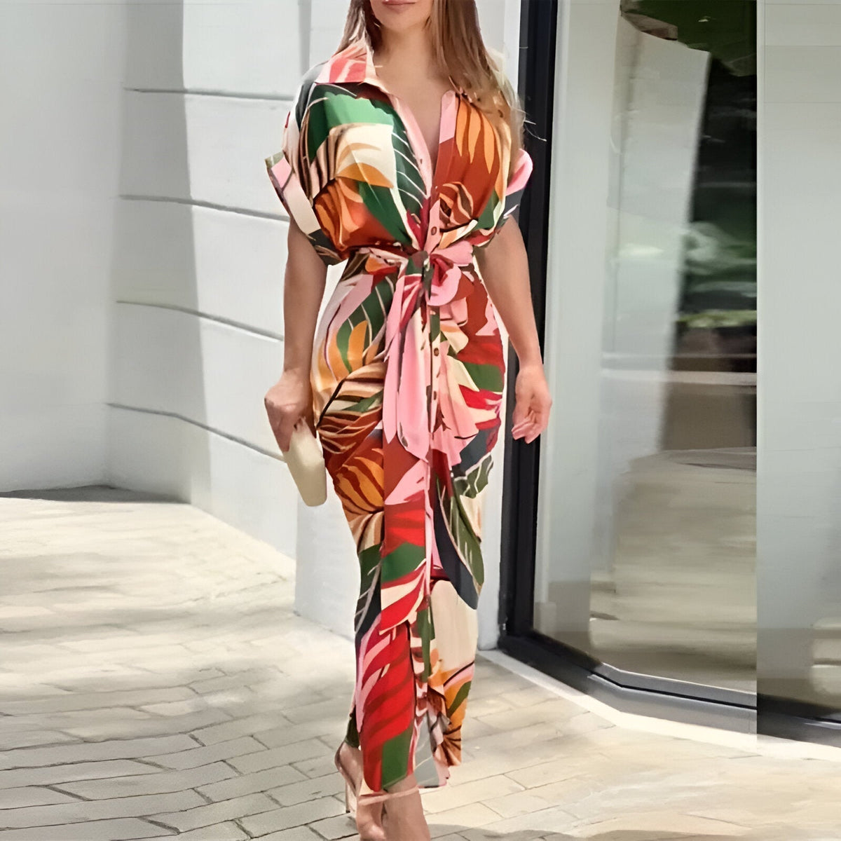 Robe Midi Femme Ceinturée Chic avec Décolleté en V 2