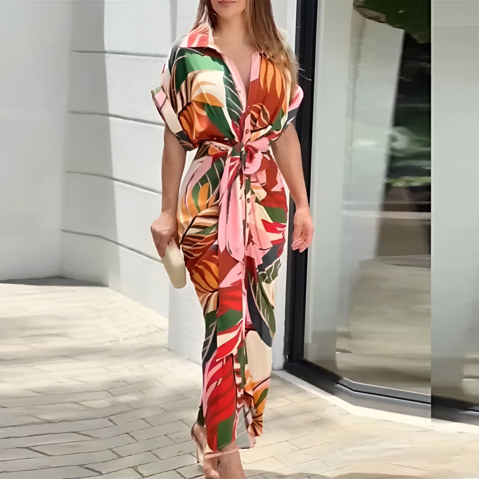 Robe Midi Femme Ceinturée Chic avec Décolleté en V 2