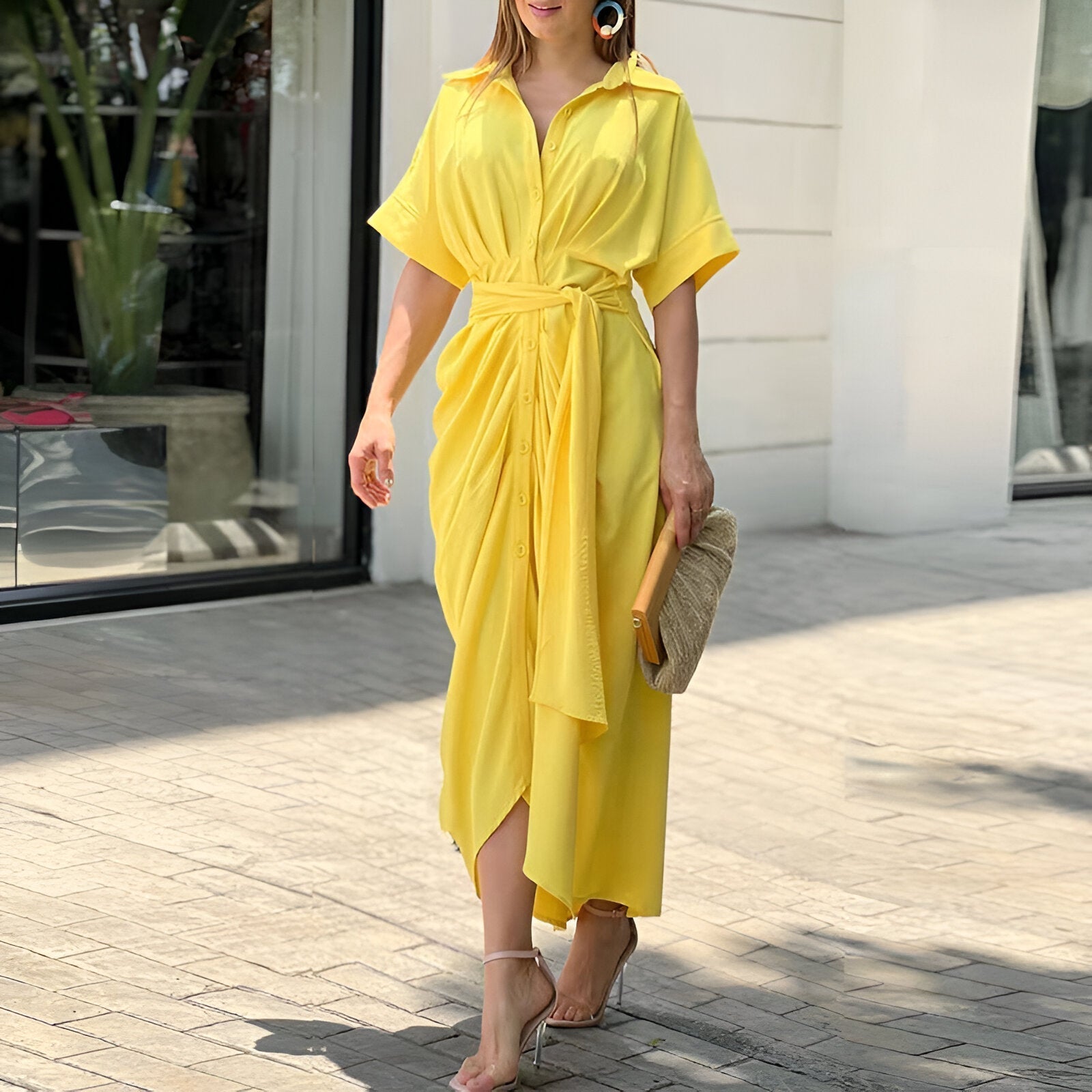 Robe Midi Femme Ceinturée Chic avec Décolleté en V 3