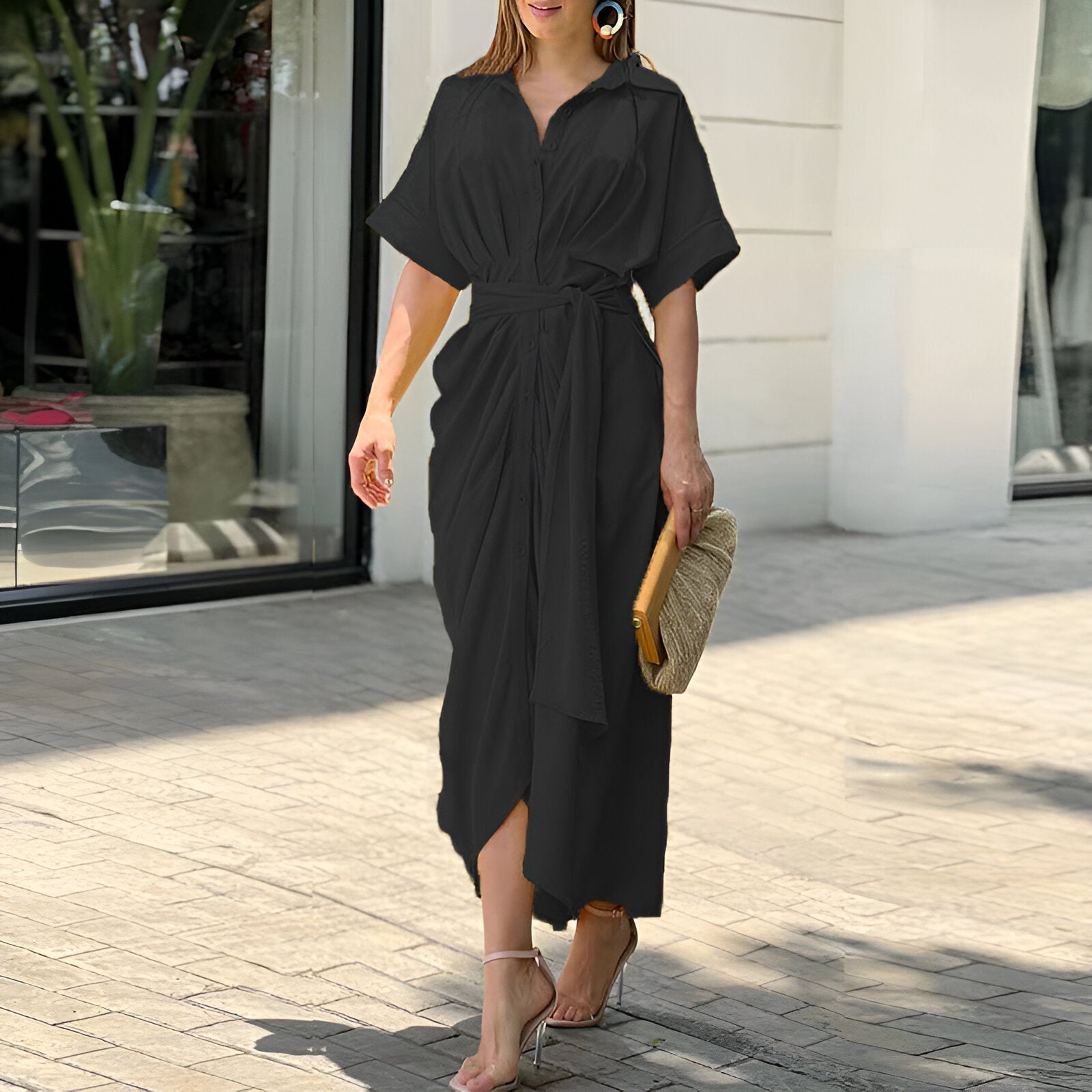 Robe Midi Femme Ceinturée Chic avec Décolleté en V 4