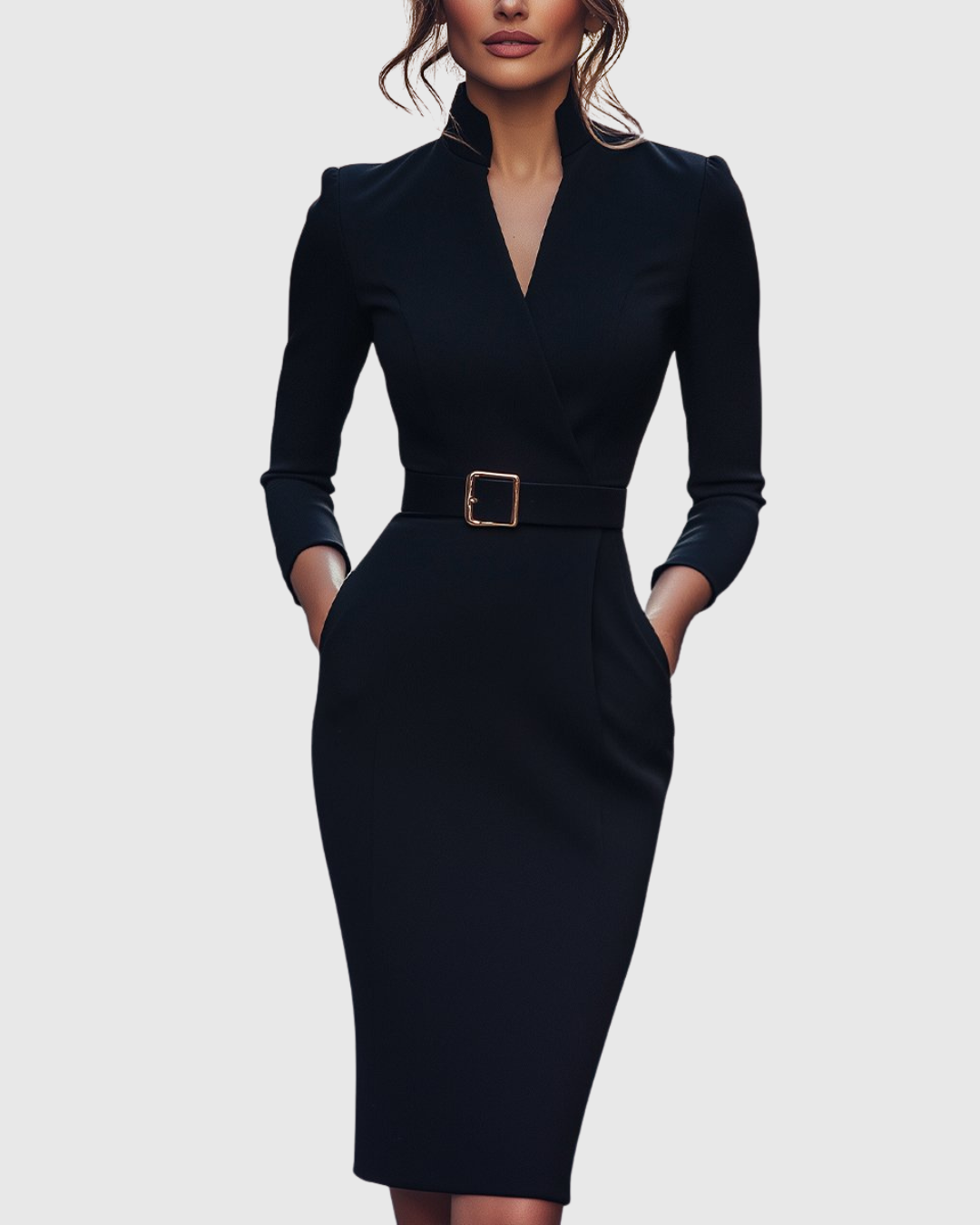 Robe Midi Femme Chic Col Montant Manches Trois-Quarts Silhouette Crayon 0