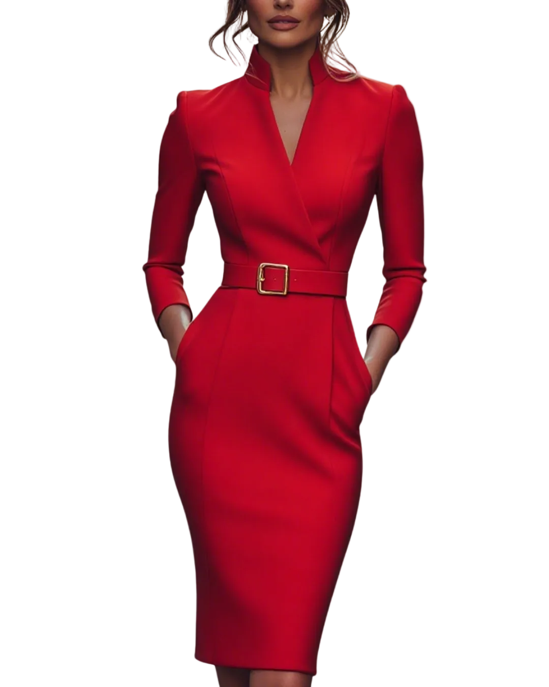 Robe Midi Femme Chic Col Montant Manches Trois-Quarts Silhouette Crayon 10