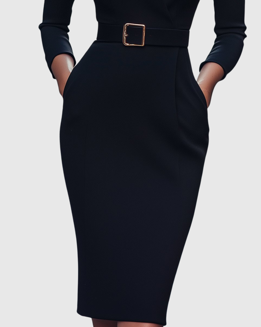 Robe Midi Femme Chic Col Montant Manches Trois-Quarts Silhouette Crayon 3