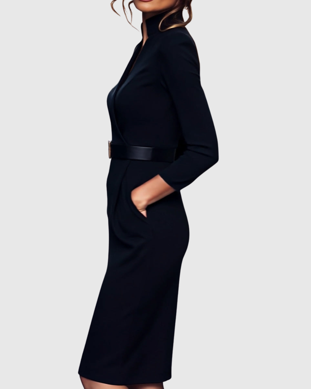 Robe Midi Femme Chic Col Montant Manches Trois-Quarts Silhouette Crayon 4