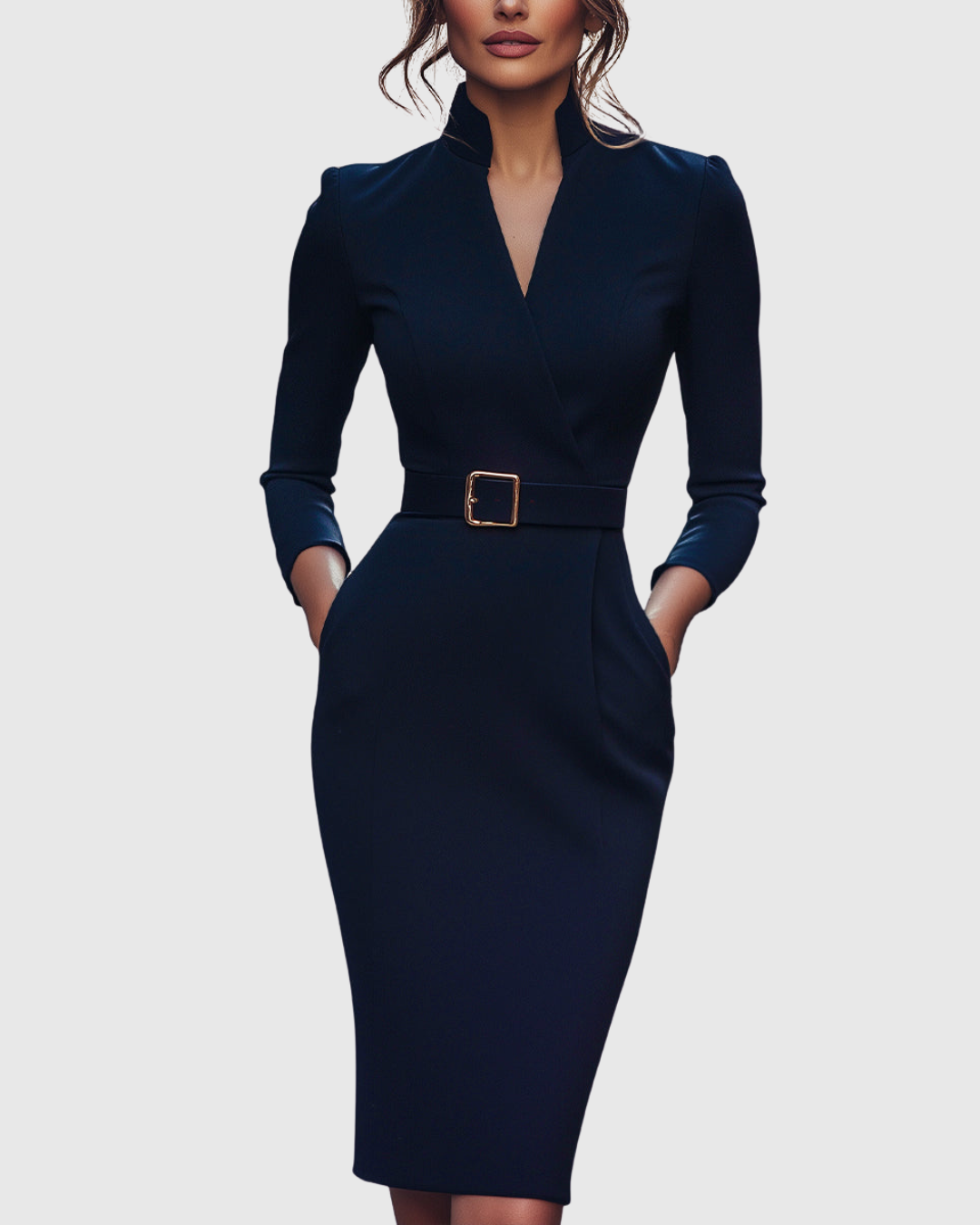 Robe Midi Femme Chic Col Montant Manches Trois-Quarts Silhouette Crayon 7