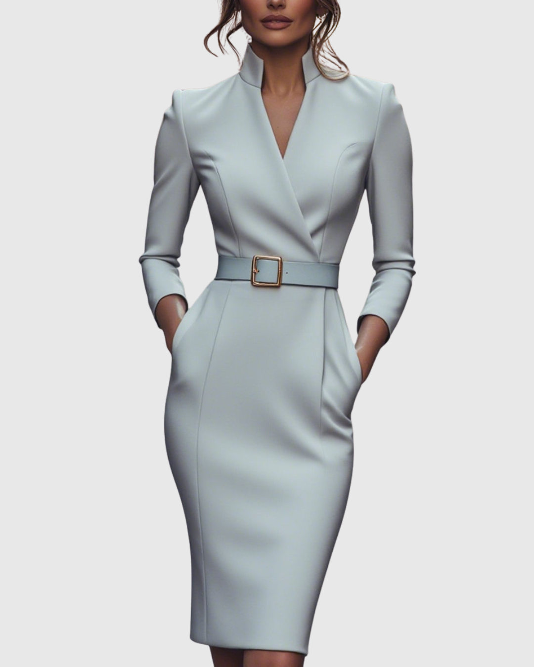 Robe Midi Femme Chic Col Montant Manches Trois-Quarts Silhouette Crayon 9