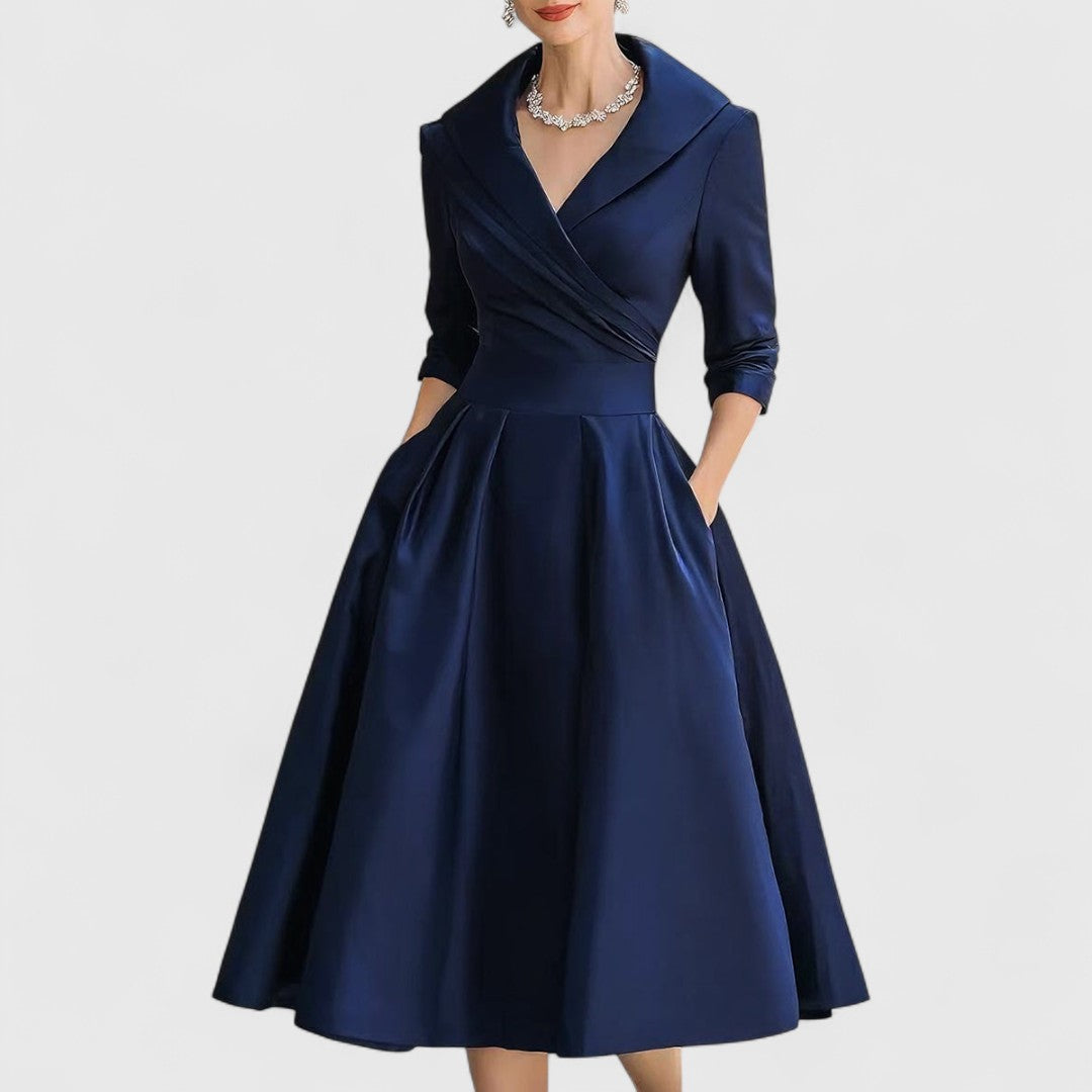 Robe Midi Femme Chic Décolleté en V avec Manches 3/4 et Poches Latérales 0