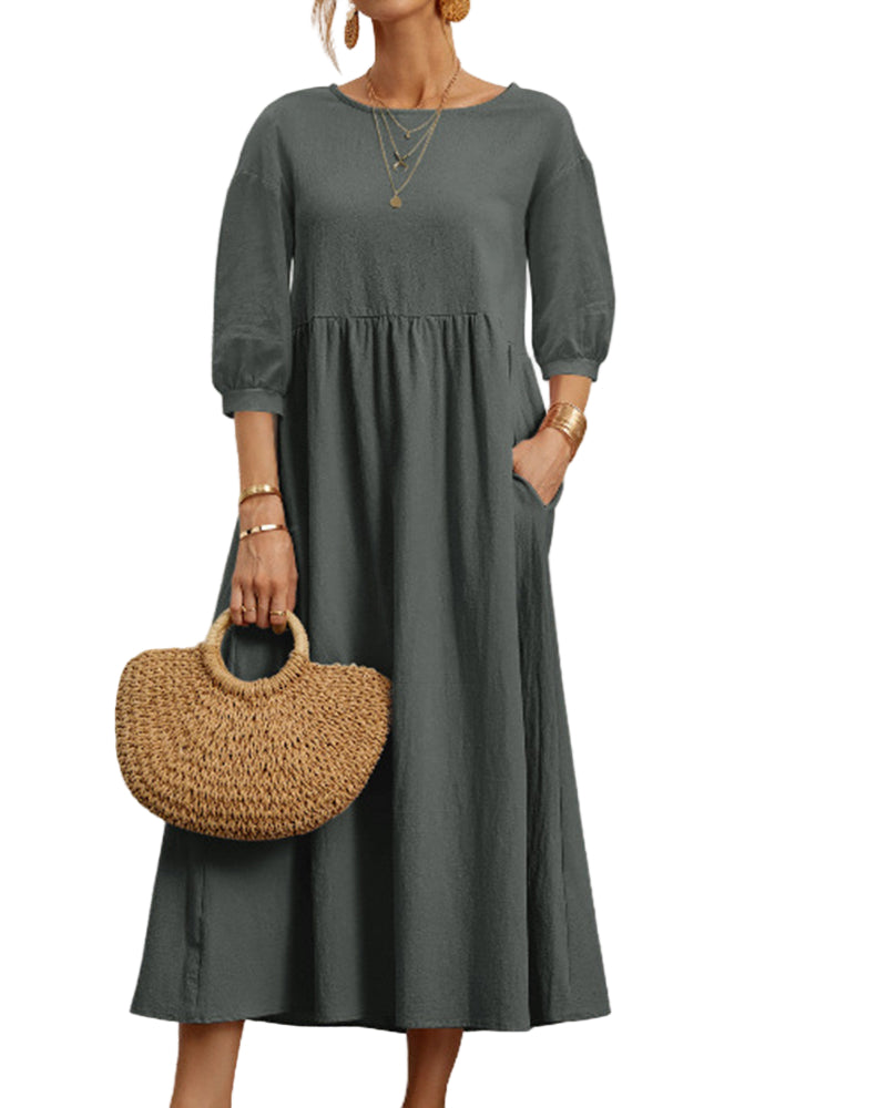 Robe Midi Femme Confortable avec Manches Lanternes 0