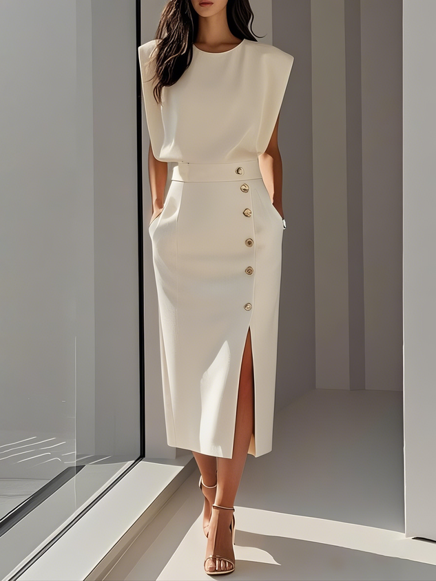 Robe Midi Femme Élégante avec Fente Boutonnée 0