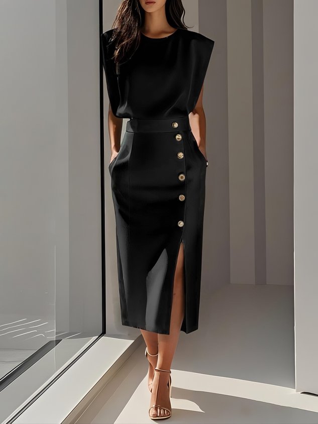 Robe Midi Femme Élégante avec Fente Boutonnée 1