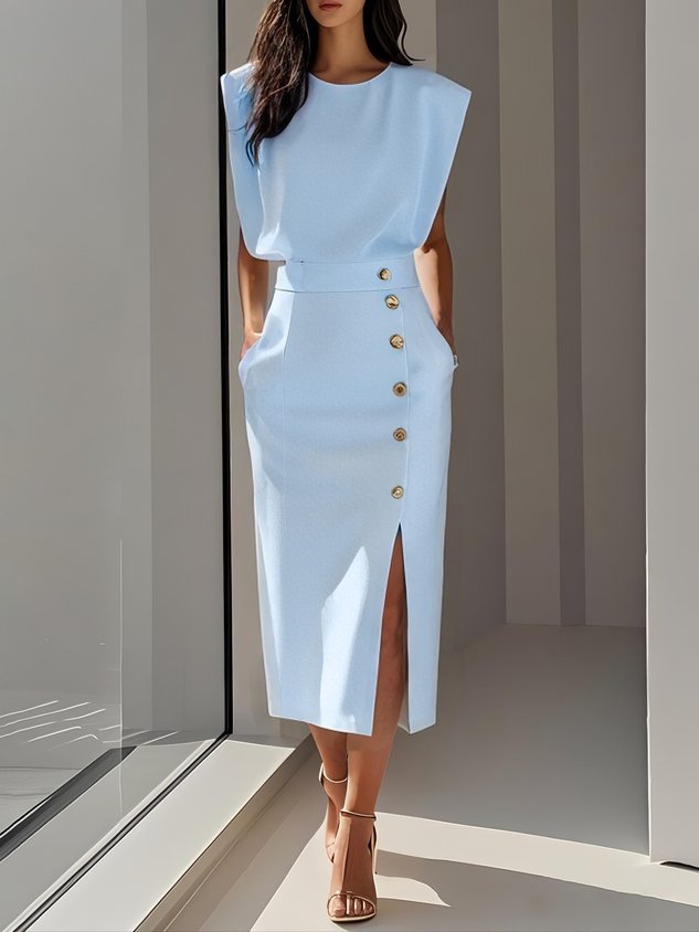 Robe Midi Femme Élégante avec Fente Boutonnée 2