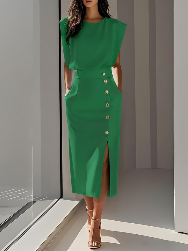 Robe Midi Femme Élégante avec Fente Boutonnée 3