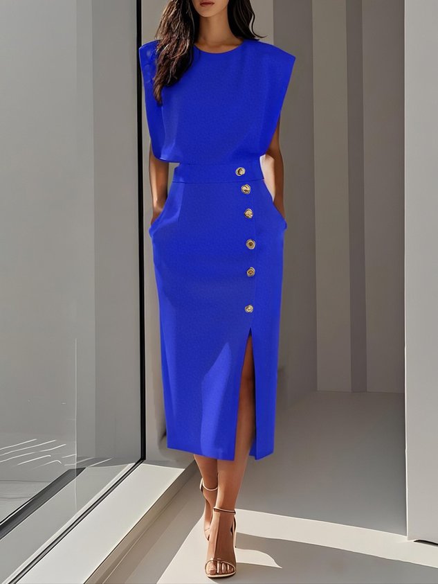 Robe Midi Femme Élégante avec Fente Boutonnée 5