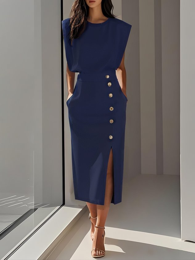 Robe Midi Femme Élégante avec Fente Boutonnée 7