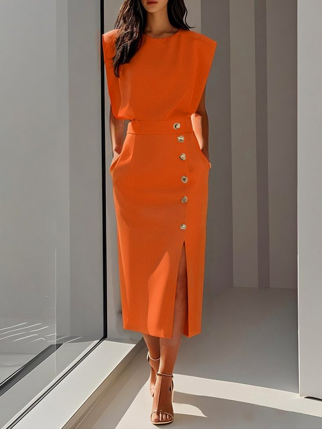 Robe Midi Femme Élégante avec Fente Boutonnée 8