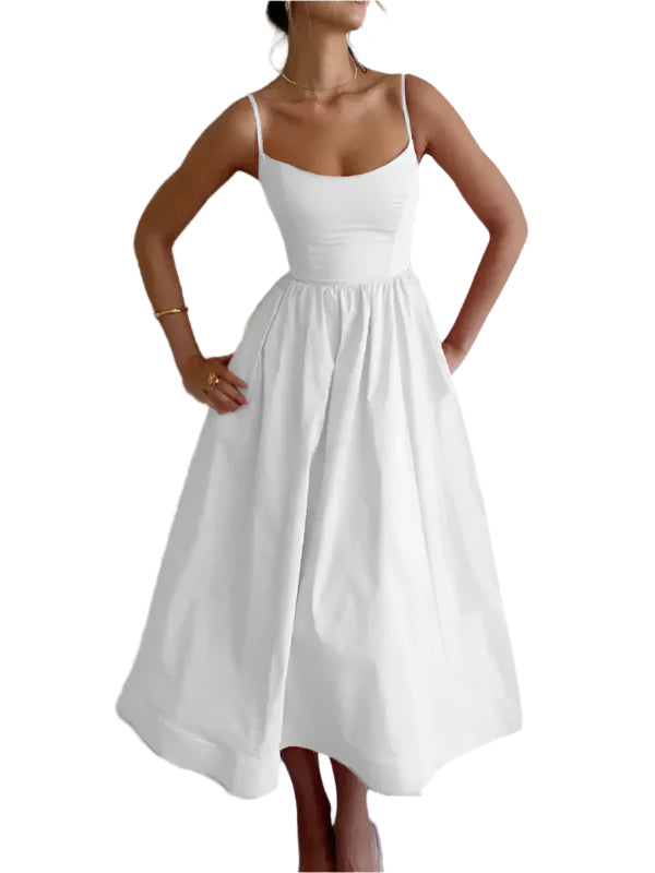 Robe Midi Femme Tissé à Bretelles Spaghetti Décolleté U Chic 0