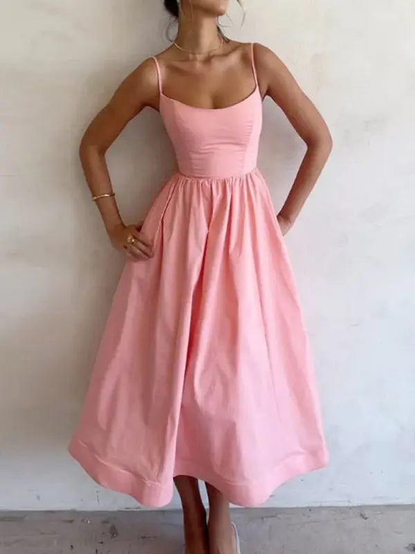 Robe Midi Femme Tissé à Bretelles Spaghetti Décolleté U Chic 2