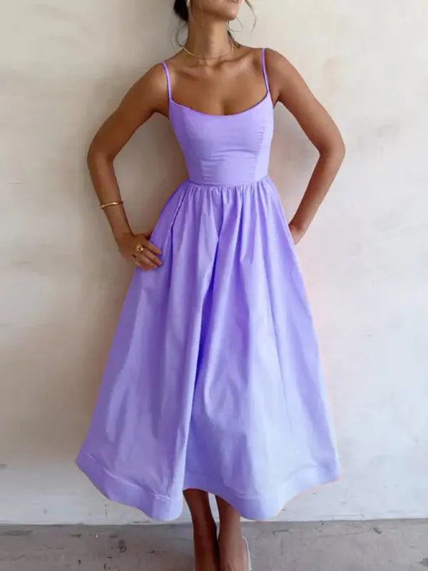 Robe Midi Femme Tissé à Bretelles Spaghetti Décolleté U Chic 4