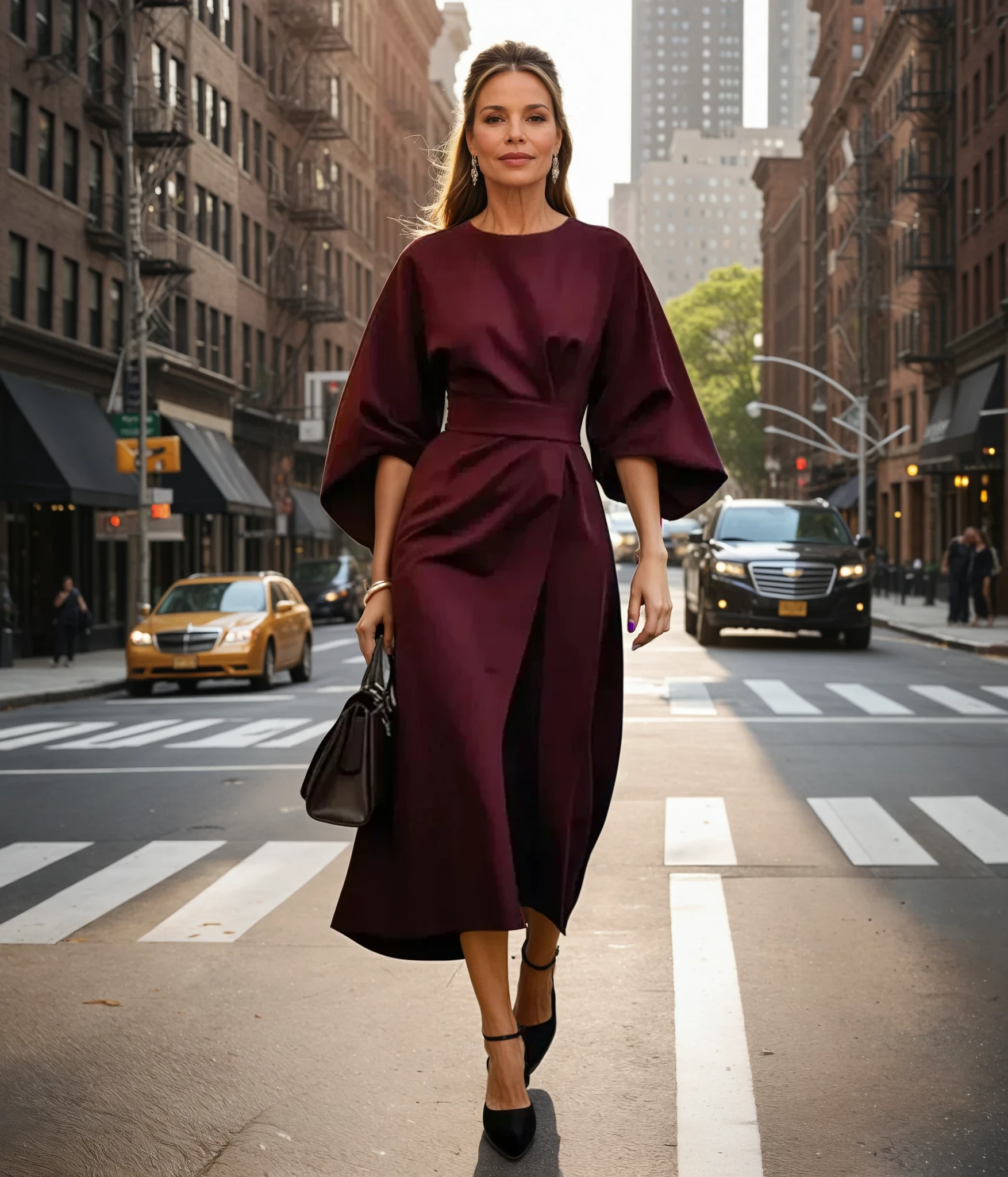 Robe Midi Femme à Manches Lanternes avec Ceinture 3