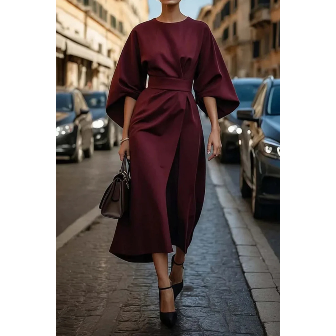 Robe Midi Femme à Manches Lanternes avec Ceinture 4