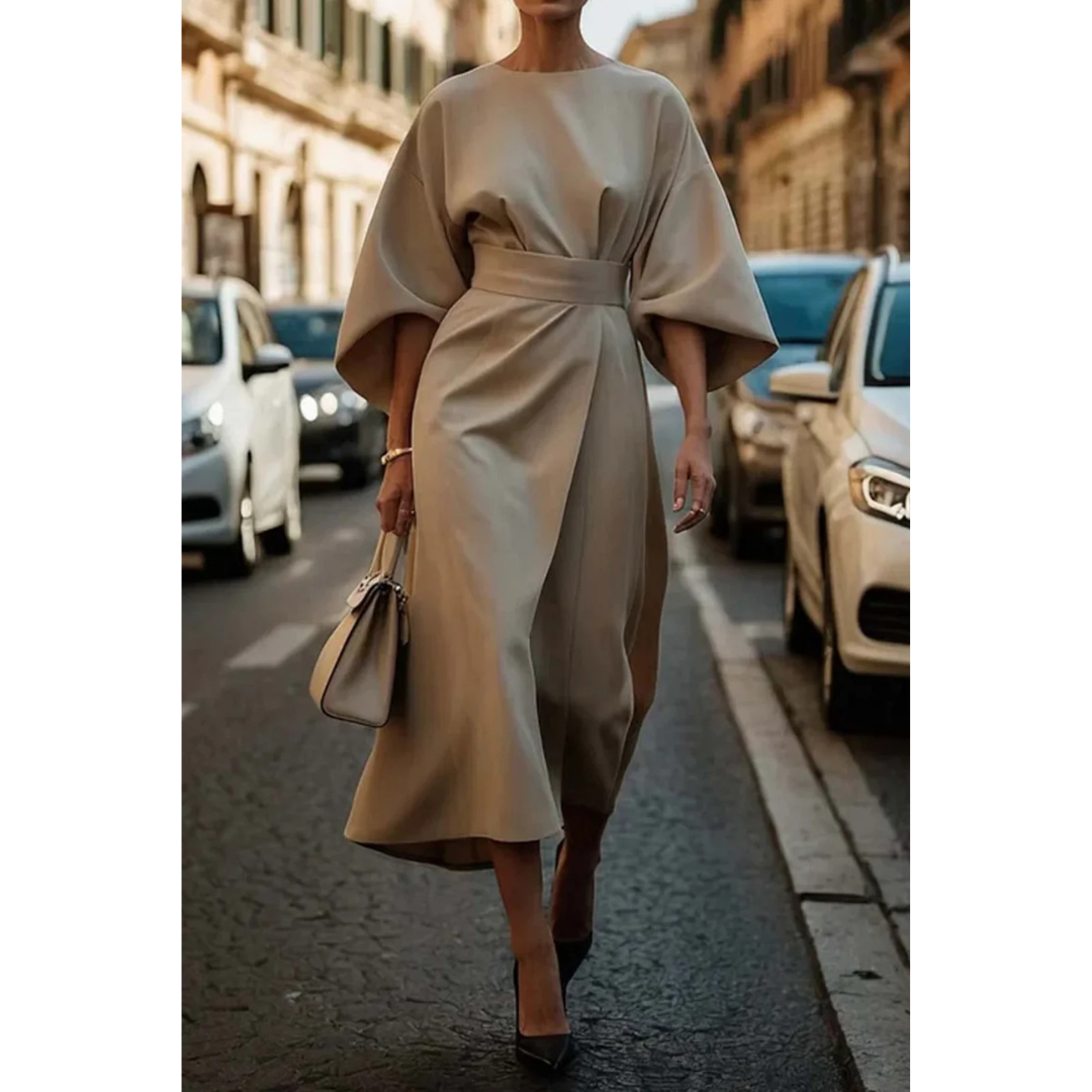 Robe Midi Femme à Manches Lanternes avec Ceinture 6