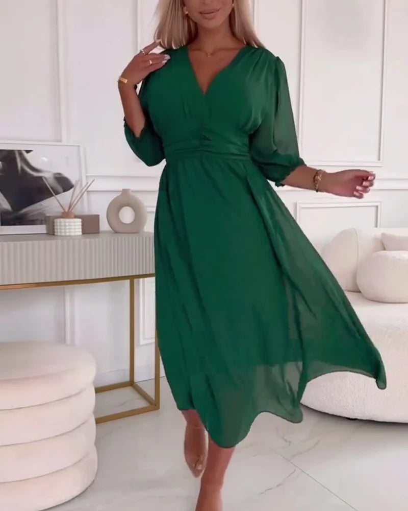 Robe Midi Femme à Manches Longues en Chiffon A-Ligne 1