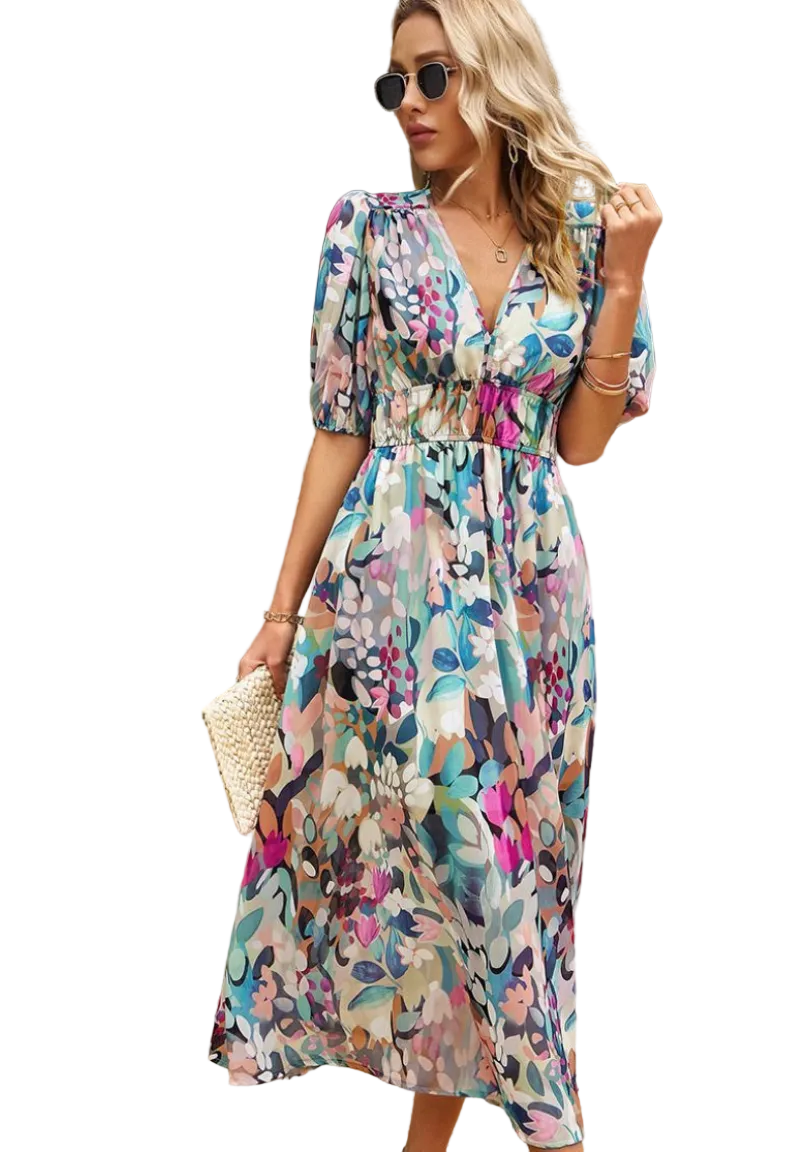 Robe Midi Fleurie à Manches Bouffantes pour Femmes 0