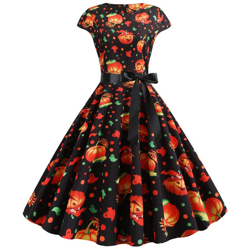 Robe Midi Halloween Imprimé Fantôme et Citrouille Tissu Doux 1