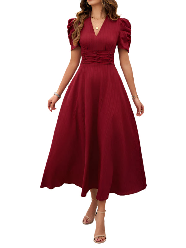 Robe Midi à Col V pour Femmes avec Manches Bouffantes et Taille Froncée 0